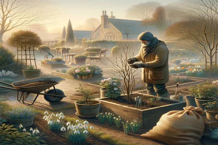 Early morning gardener tending snowdrops in a peaceful winter garden landscape.
