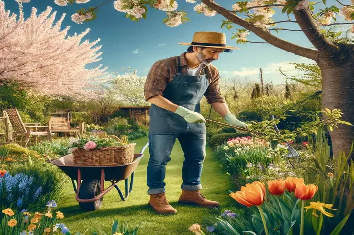 Spring garden scene with gardener, colourful tulips, flowering trees, and blooming plants.