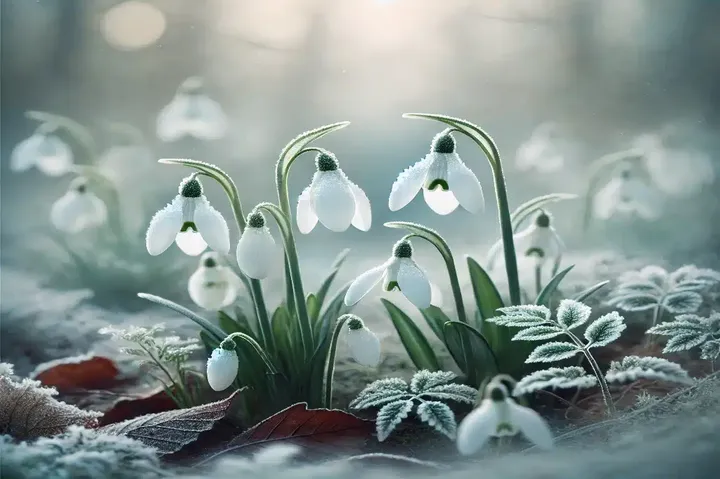 Delicate snowdrops with pure white, bell-shaped flowers blooming in a serene, frosty garden setting.