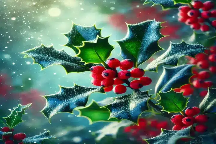 Close-up of a holly plant with glossy green leaves and bright red berries, surrounded by a frosty winter garden background.