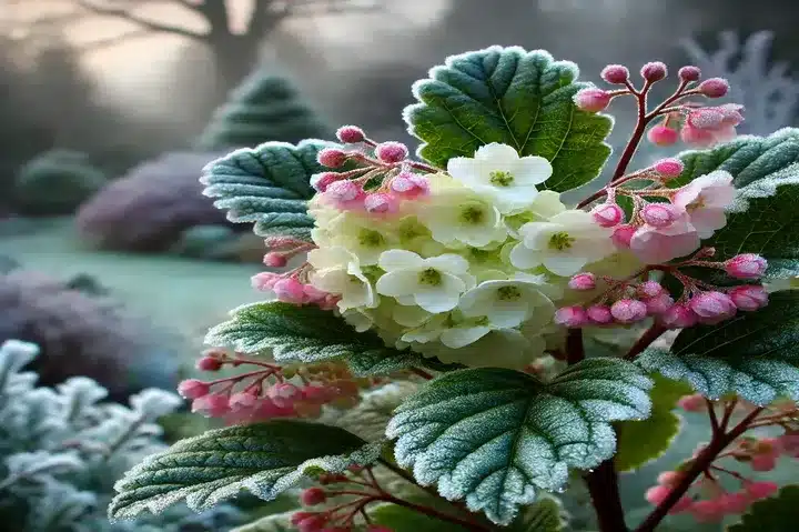 Clusters of pink and white Viburnum flowers blooming amidst green leaves in a frosty winter garden.