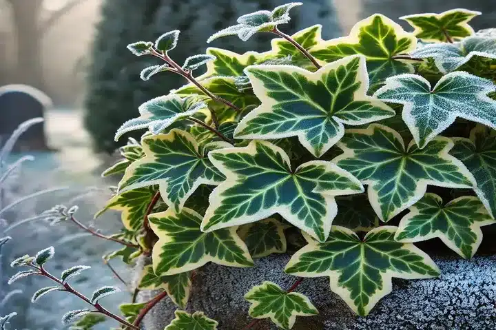 Variegated ivy with vibrant green leaves edged in creamy white, trailing over a frosty garden wall.