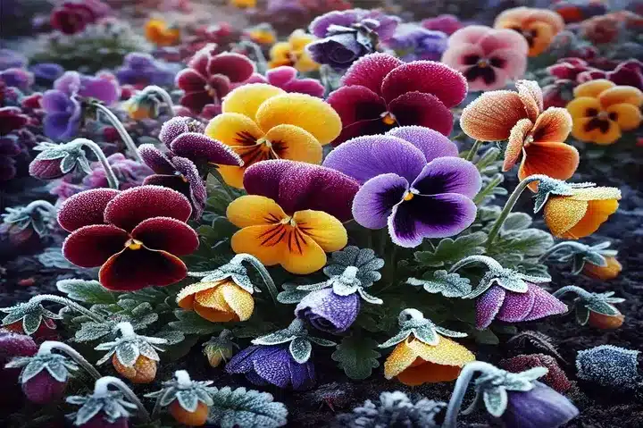 A colourful assortment of winter pansies, including purple, yellow, and red blooms, thriving in frosty soil.