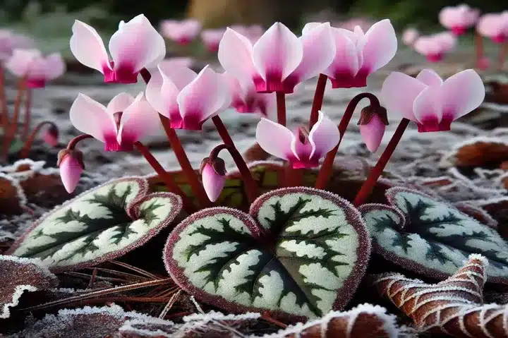 Cyclamen coum with dainty pink and white flowers and heart-shaped marbled leaves, set in frosty soil and woodland.