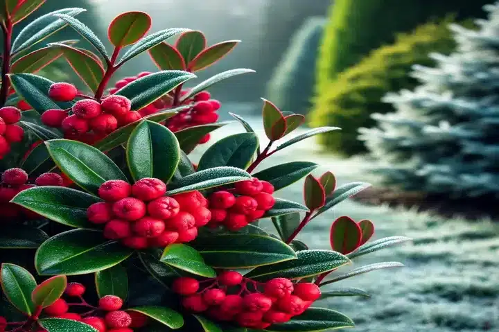 A Skimmia plant with vibrant red berries and glossy green leaves, thriving in a winter garden with frosty soil.