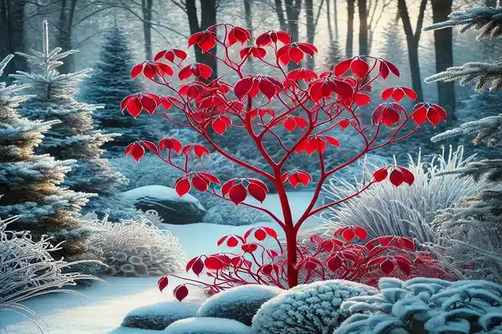 Bright red stems of a dogwood shrub standing out against a snowy background in a winter garden.