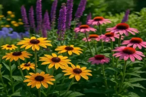 A high-resolution image of a vibrant perennial garden, featuring blooming coneflowers, rudbeckia, and lavender in full summer colour.