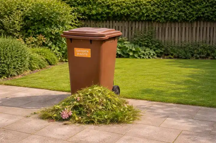 Brown garden waste bin with green waste on patio in suburban backyard lawn.