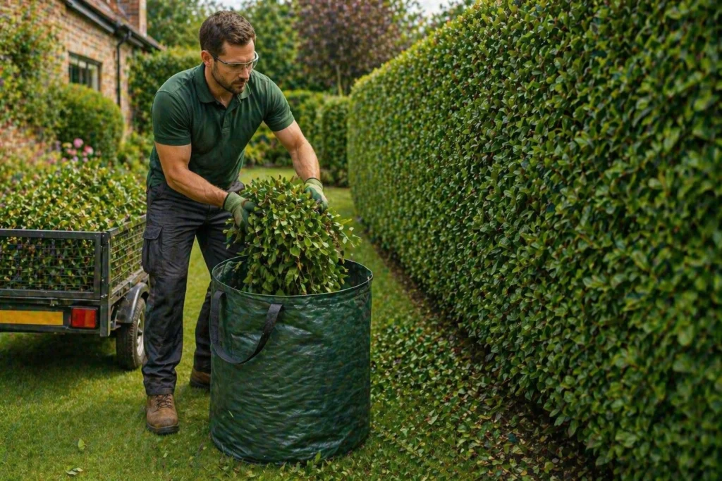 Gardener clearing hedge trimmings into a garden waste bag beside a neatly cut hedge.