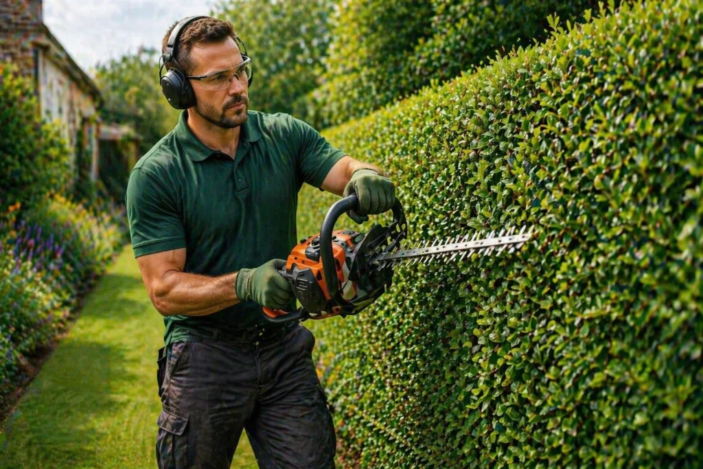Professional gardener trimming a hedge carefully with powered hedge cutters and safety gear.