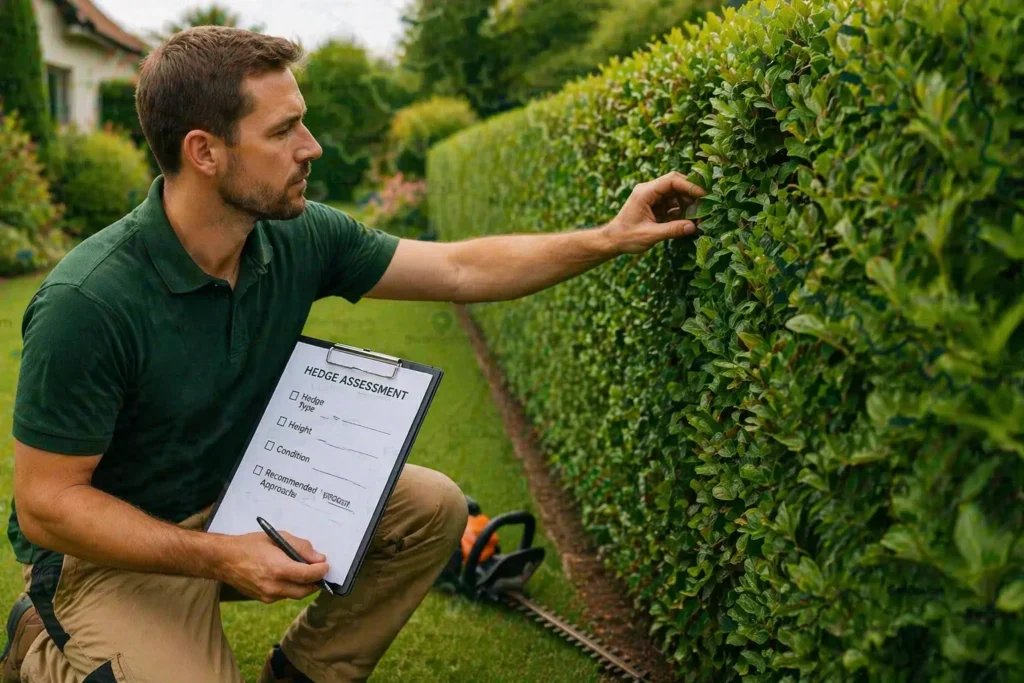 Gardener inspecting the condition and shape of a garden hedge with a clipboard.
