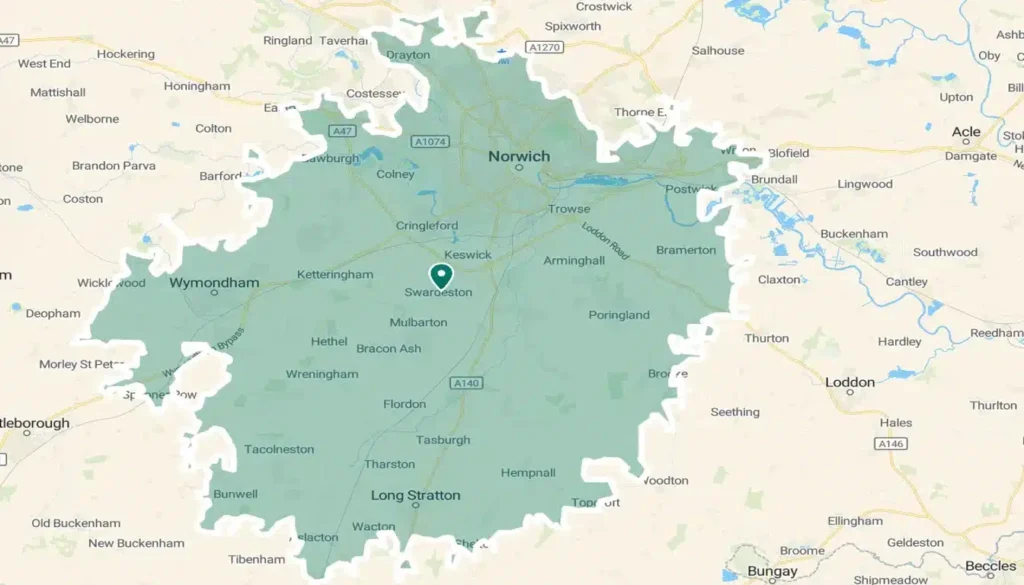 Service area map highlighting a 10-mile radius around Swardeston, including Norwich, Wymondham, Long Stratton, and nearby areas.