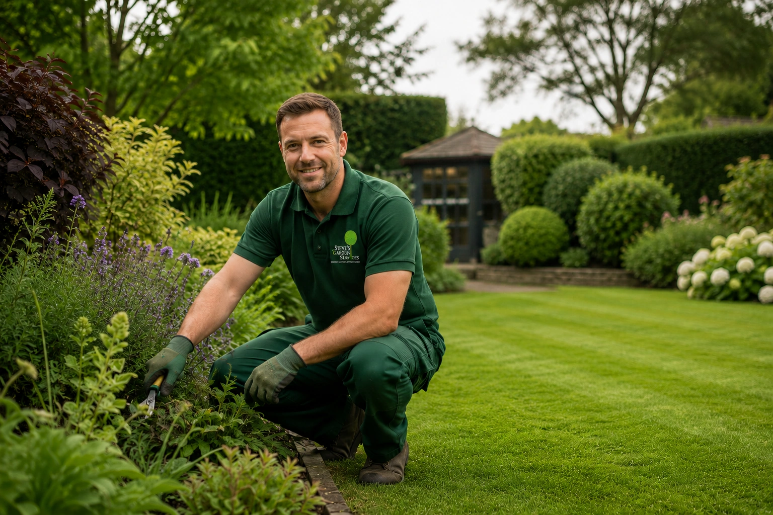 Gardener tending a flower border in a well-kept residential garden.