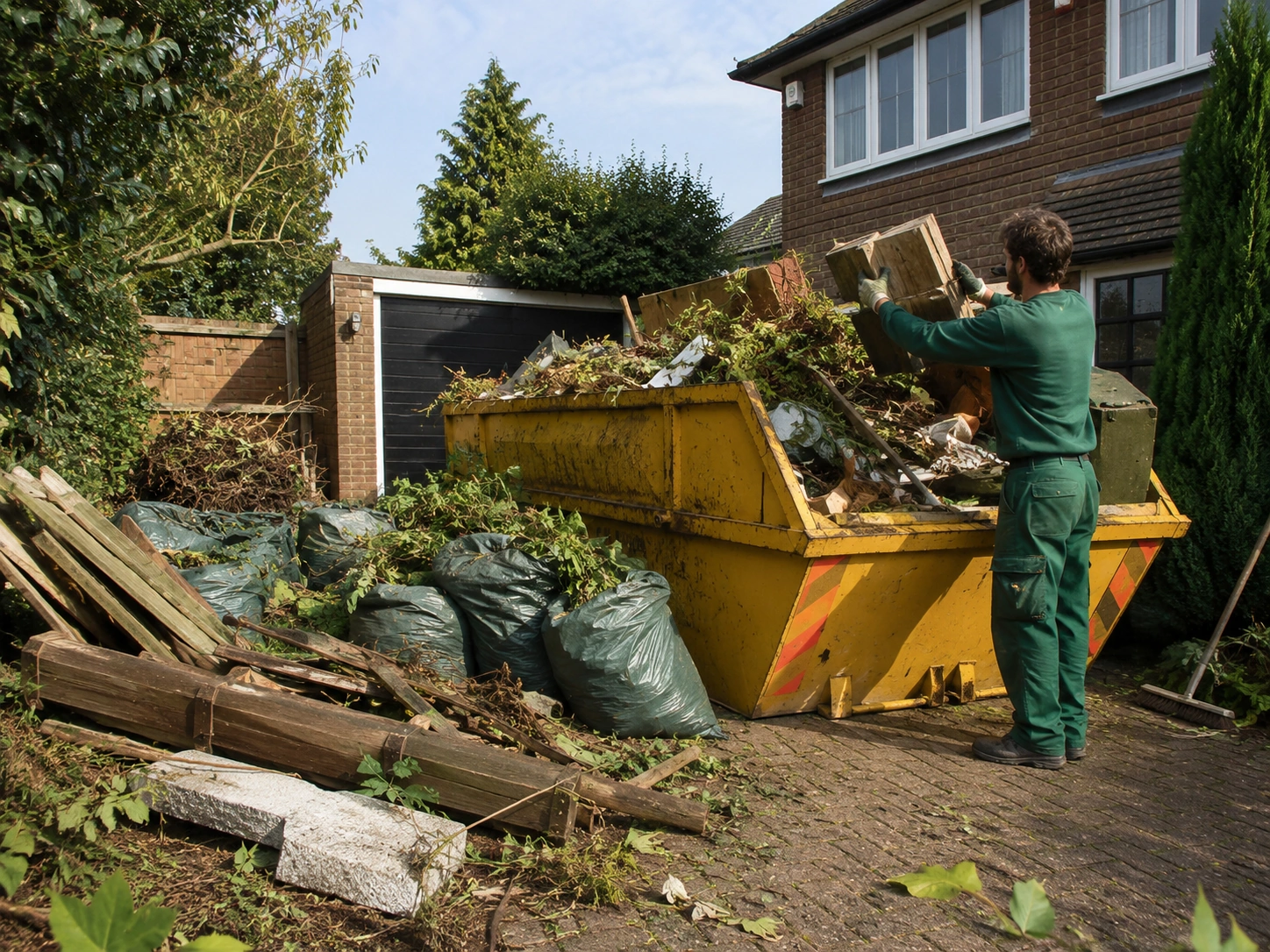 Large garden clearance waste being loaded into a skip at a residential property.