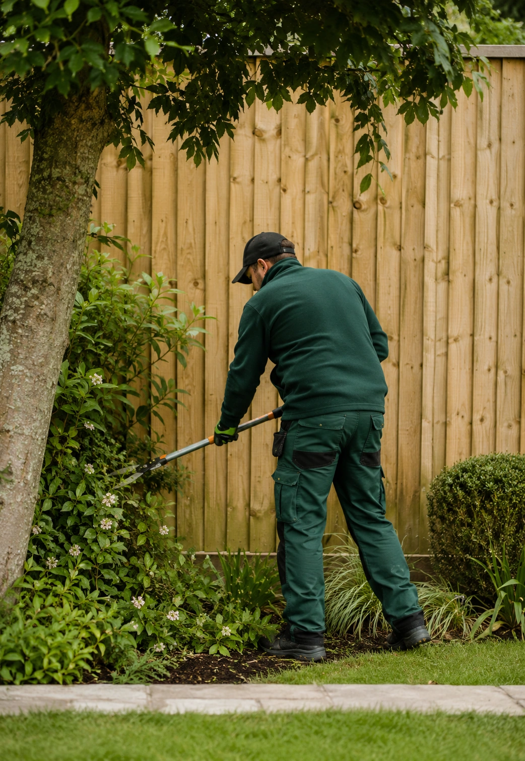 Gardener trimming a shrub border in a tidy residential garden beside a wooden fence.