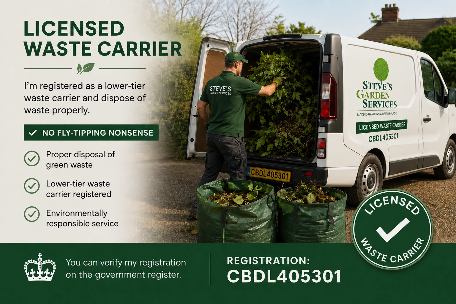 Licensed waste carrier loading green waste for proper disposal, with registration details shown on the vehicle.