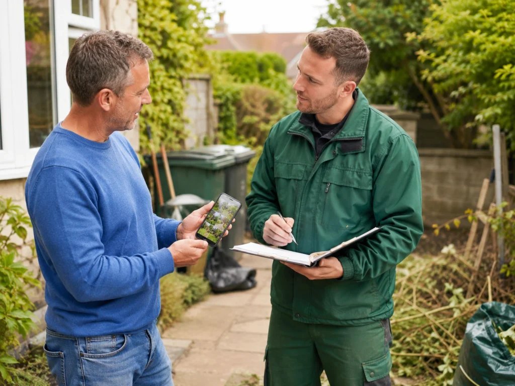 Illustrative image of a homeowner discusses garden odd jobs with professional landscaper in residential back garden.