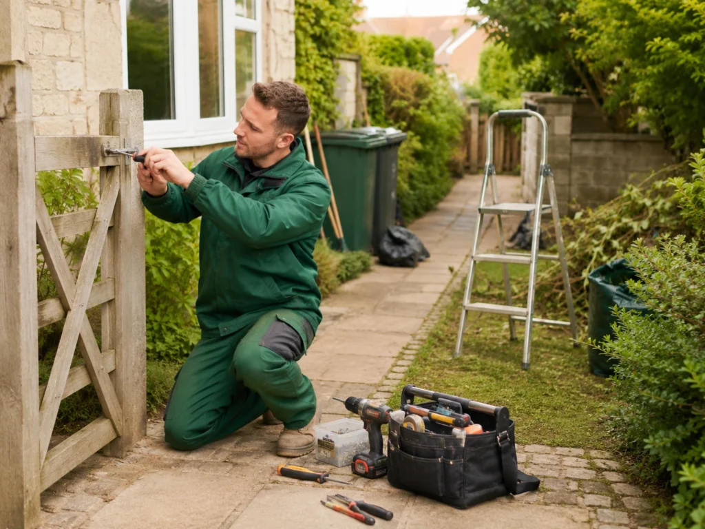 Illustrative image of a handyman repairing a wooden garden gate with tools on a house path.