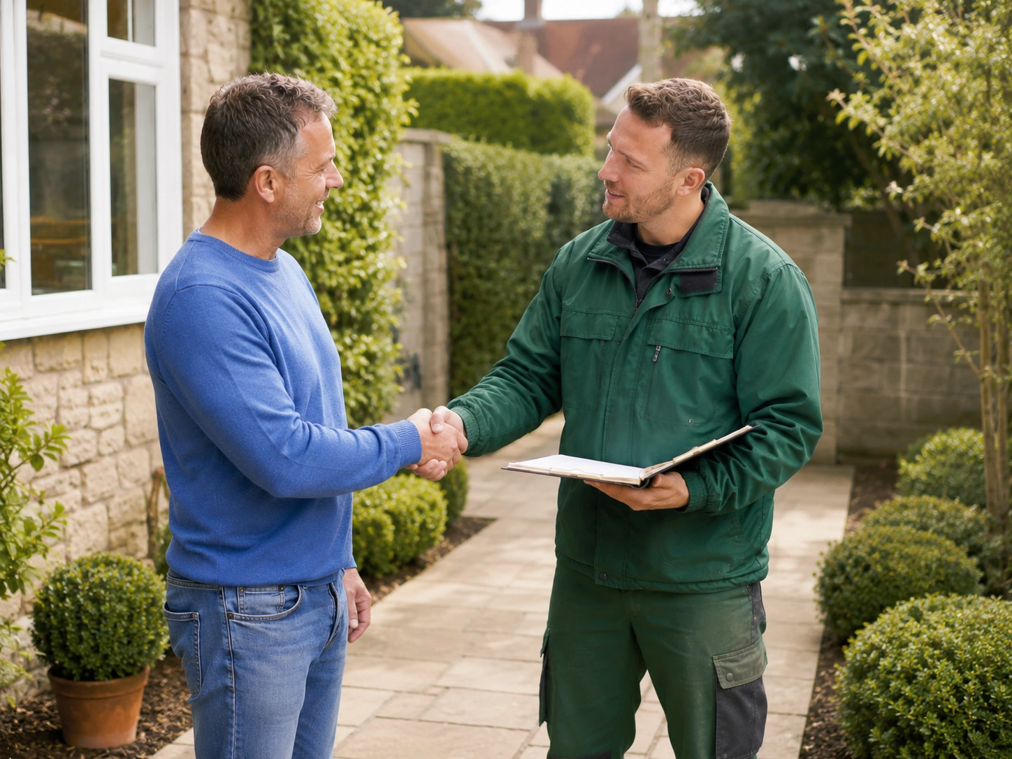 Illustrative image of a homeowner shaking hands with professional gardener after completed odd jobs in tidy garden.
