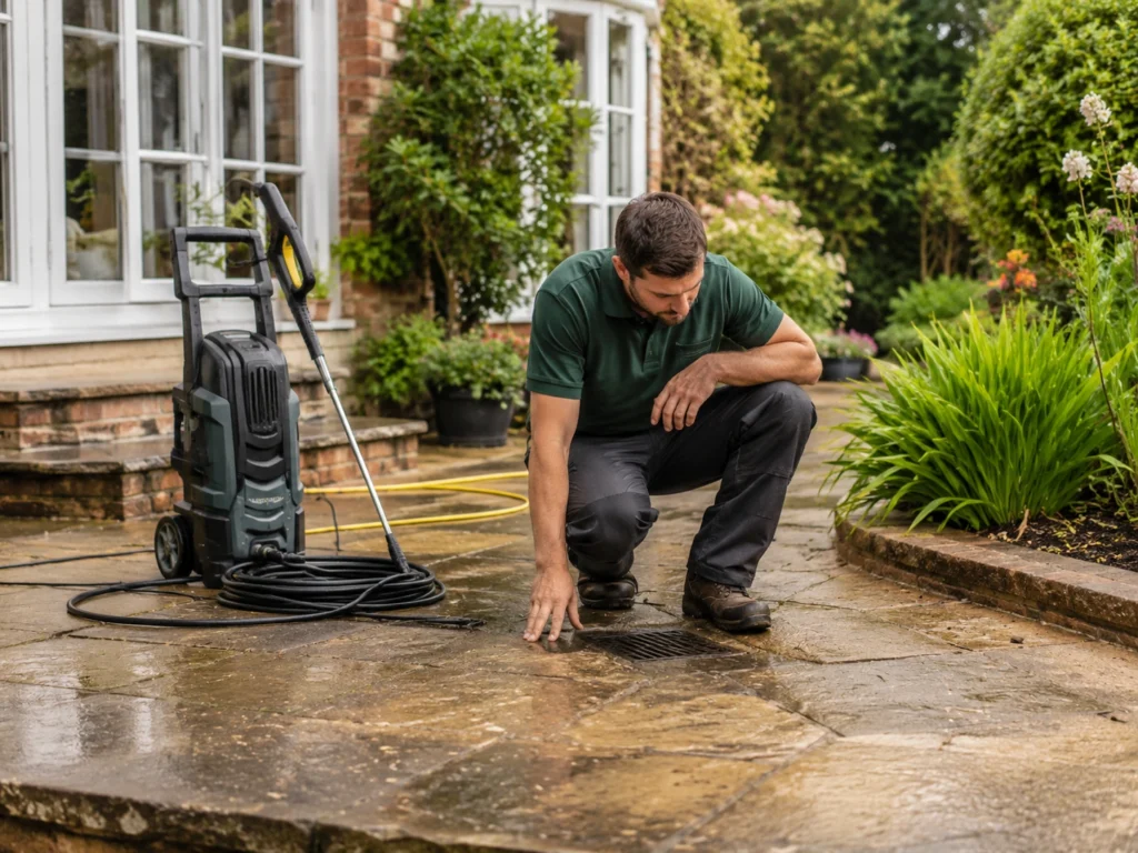 Pressure washing equipment set up beside a patio while drainage and surface condition are checked.