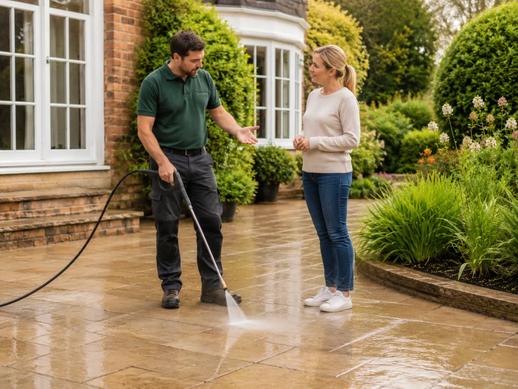 Patio being cleaned methodically with a surface cleaner to restore the original finish.