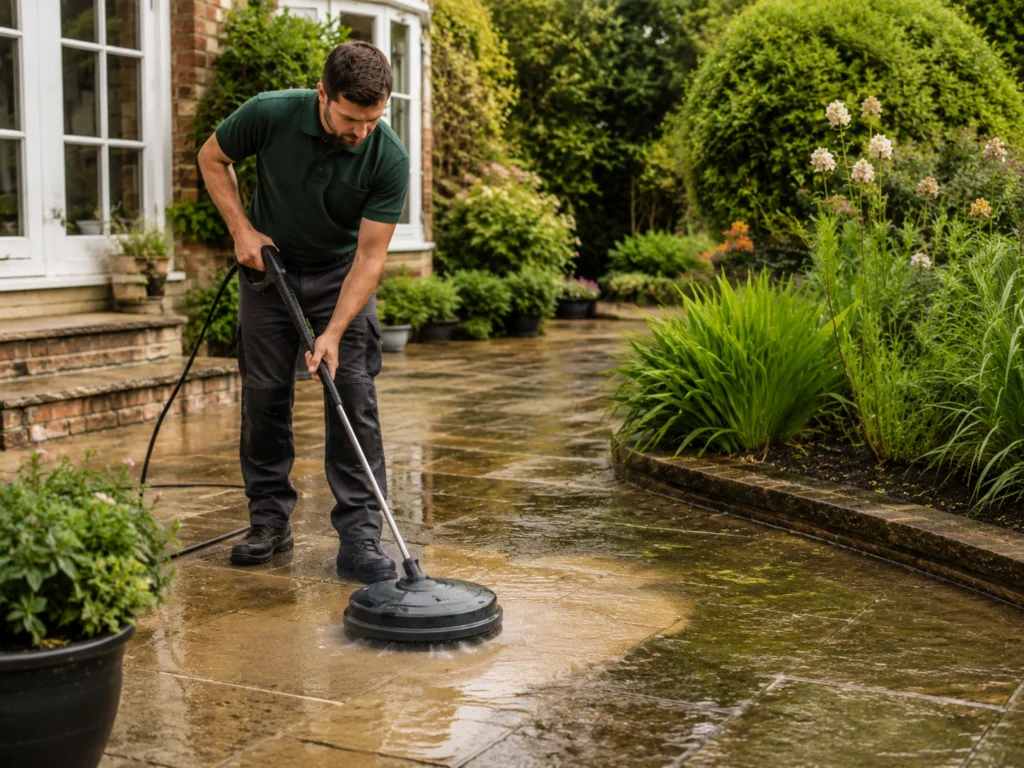 Freshly cleaned patio being rinsed down while aftercare advice is given to the customer.