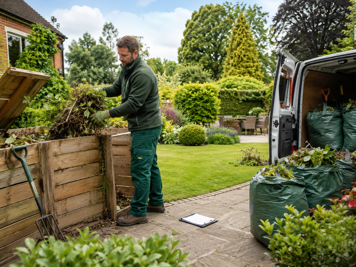 Illustrative image of a gardener composting green waste in a landscaped garden.
