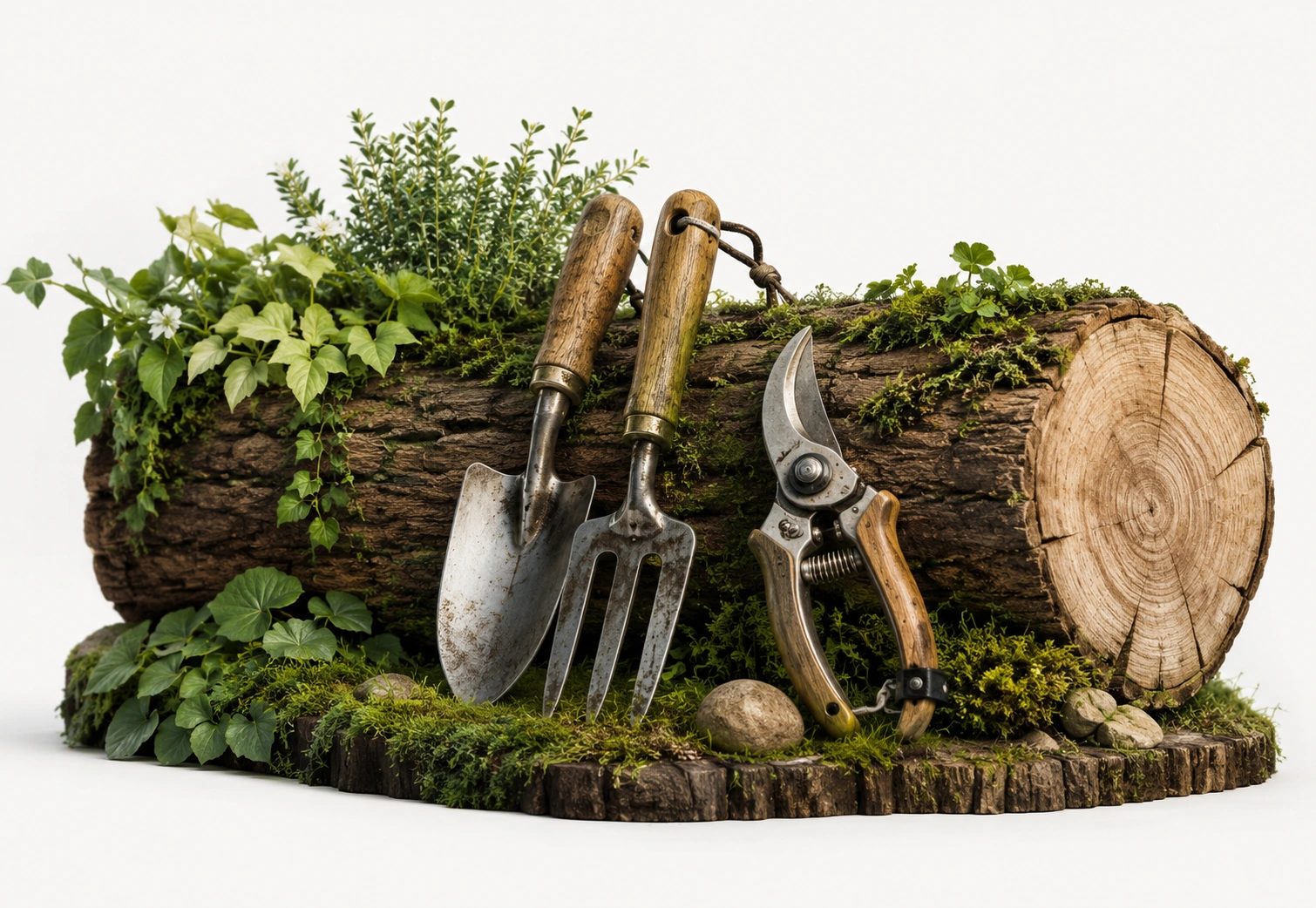 Rustic display of professional gardening tools on a timber log with foliage, representing Steve’s Garden Services.
