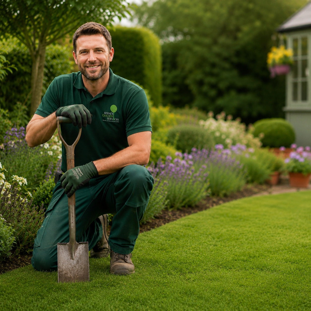 Gardener kneeling in a well-kept garden with Steve’s Garden Services logo on his shirt.
